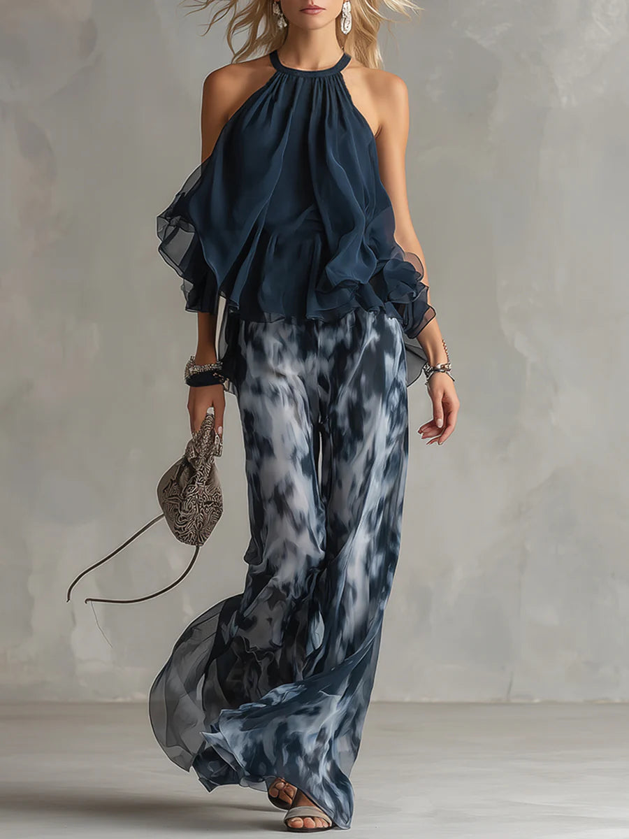 Conjunto de Top Halter de Chifón en Azul Marino y Pantalones Anchos Imprimidos