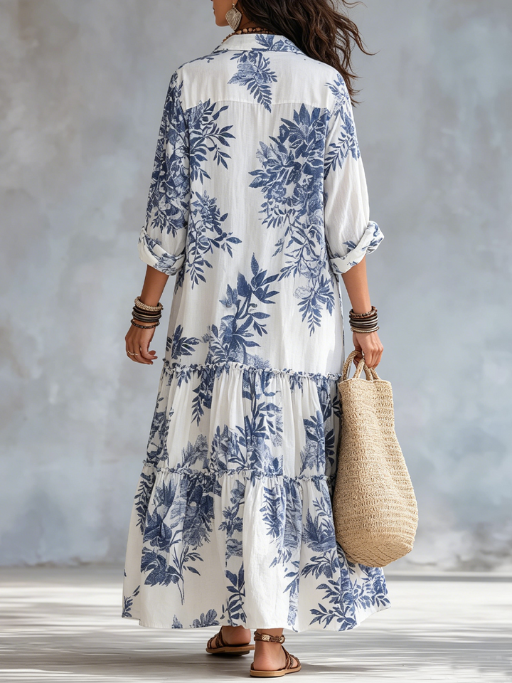 Dalia | Vestido Maxi Acampanado Floral Azul Bohemio