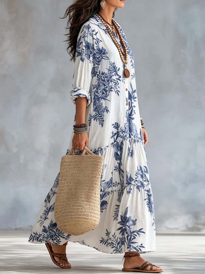 Dalia | Vestido Maxi Acampanado Floral Azul Bohemio