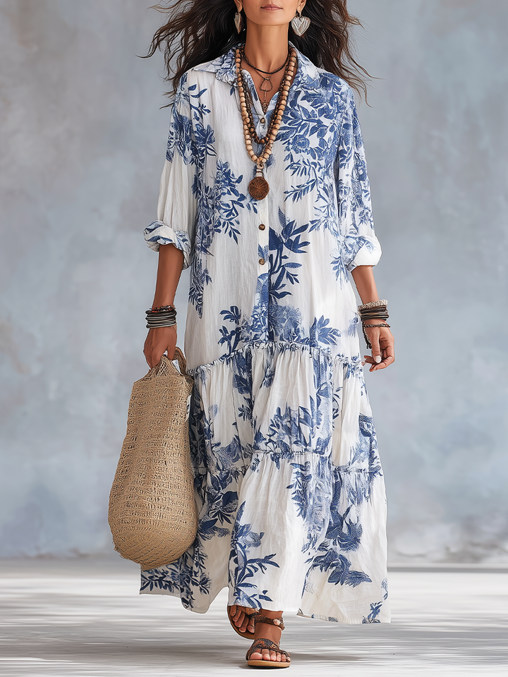 Dalia | Vestido Maxi Acampanado Floral Azul Bohemio