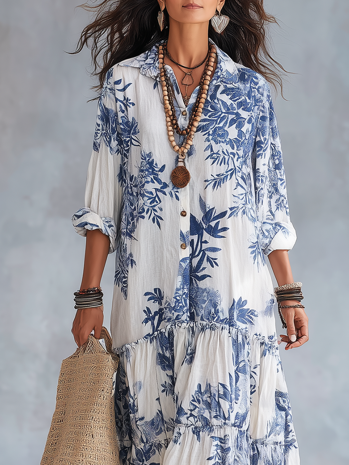 Dalia | Vestido Maxi Acampanado Floral Azul Bohemio