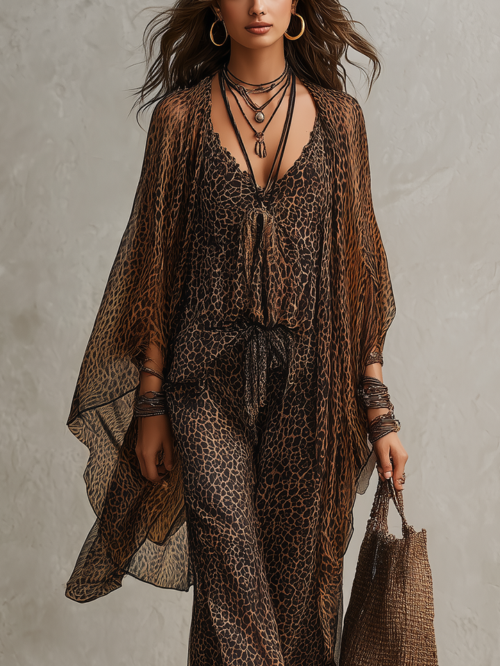 Ropa Fluyente de Impresión de Leopardo con Degradado Bohemio - Conjunto de Tres Piezas