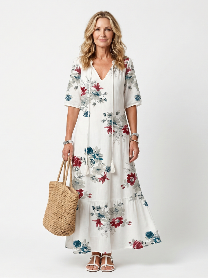 Maeva | Vestido Midi con Estampado Floral Disperso y Tiras con Borlas