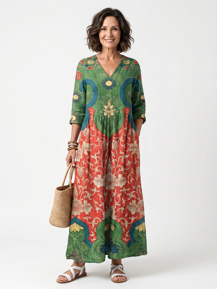 Sloane | Vestido Midi de Cuello en V con Bolsillo y Estampado Mixto