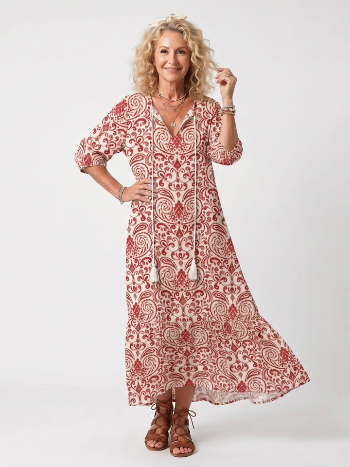 Noelle | Vestido Midi con Estampado Ornamental y Laços de Borlas