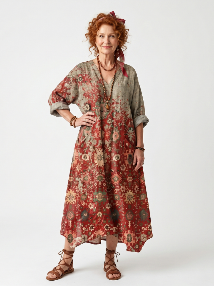 Azafrán | Vestido midi relajado con bolsillo y patrón mixto