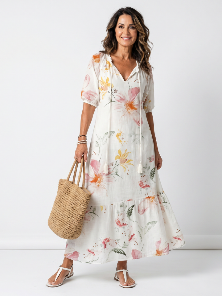 Noa | Vestido Midi de Flores Suaves con Volantes y Borlas