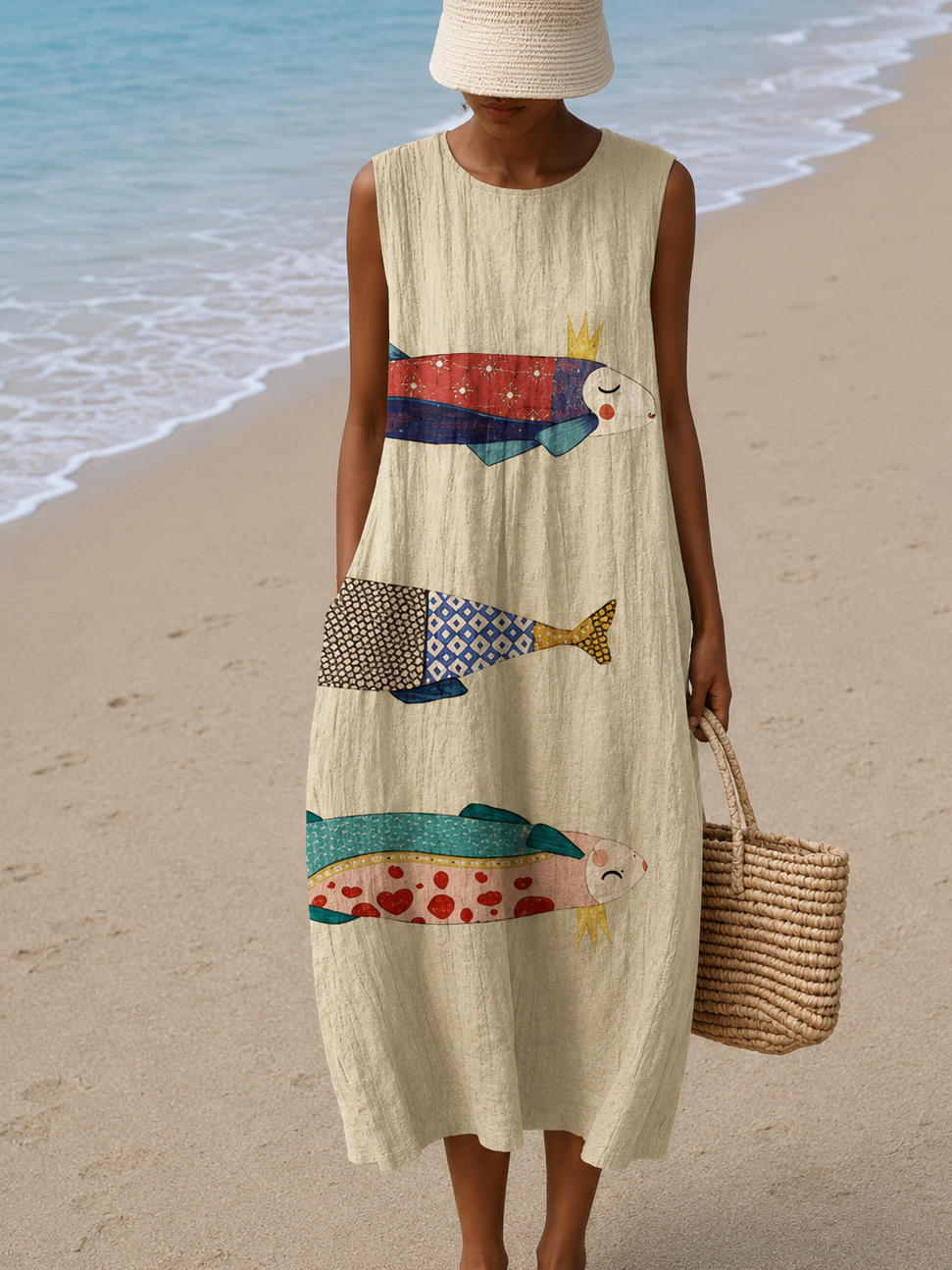 Addison - Vestido Midi de Playa Sin Mangas para Mujer con Estampado