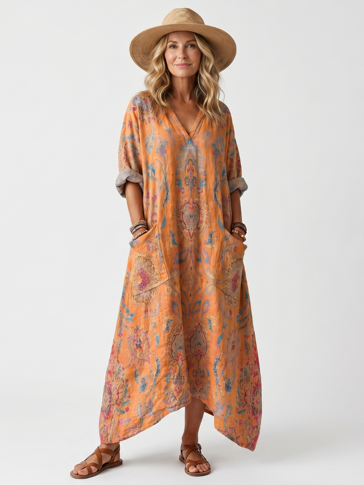Remi | Vestido Midi Oversized con Cuello Notch y Bolsillos Impresos