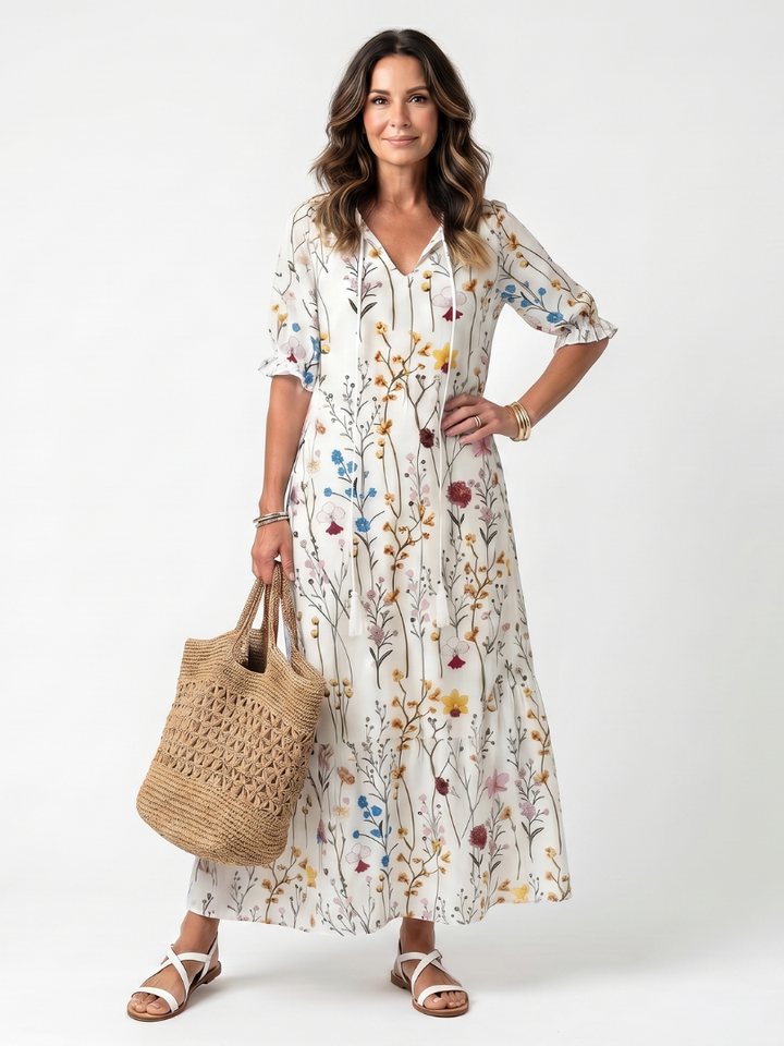 Sylvie | Vestido Midi con Estampado Botánico y Cintas de Borlas