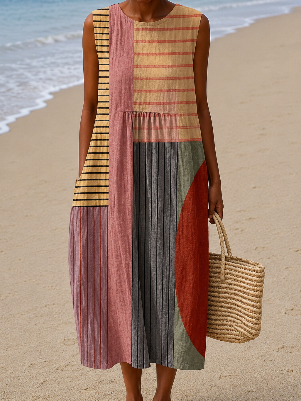 Jazmín - Vestido Midi de Playa Sin Mangas para Mujer con Estampado