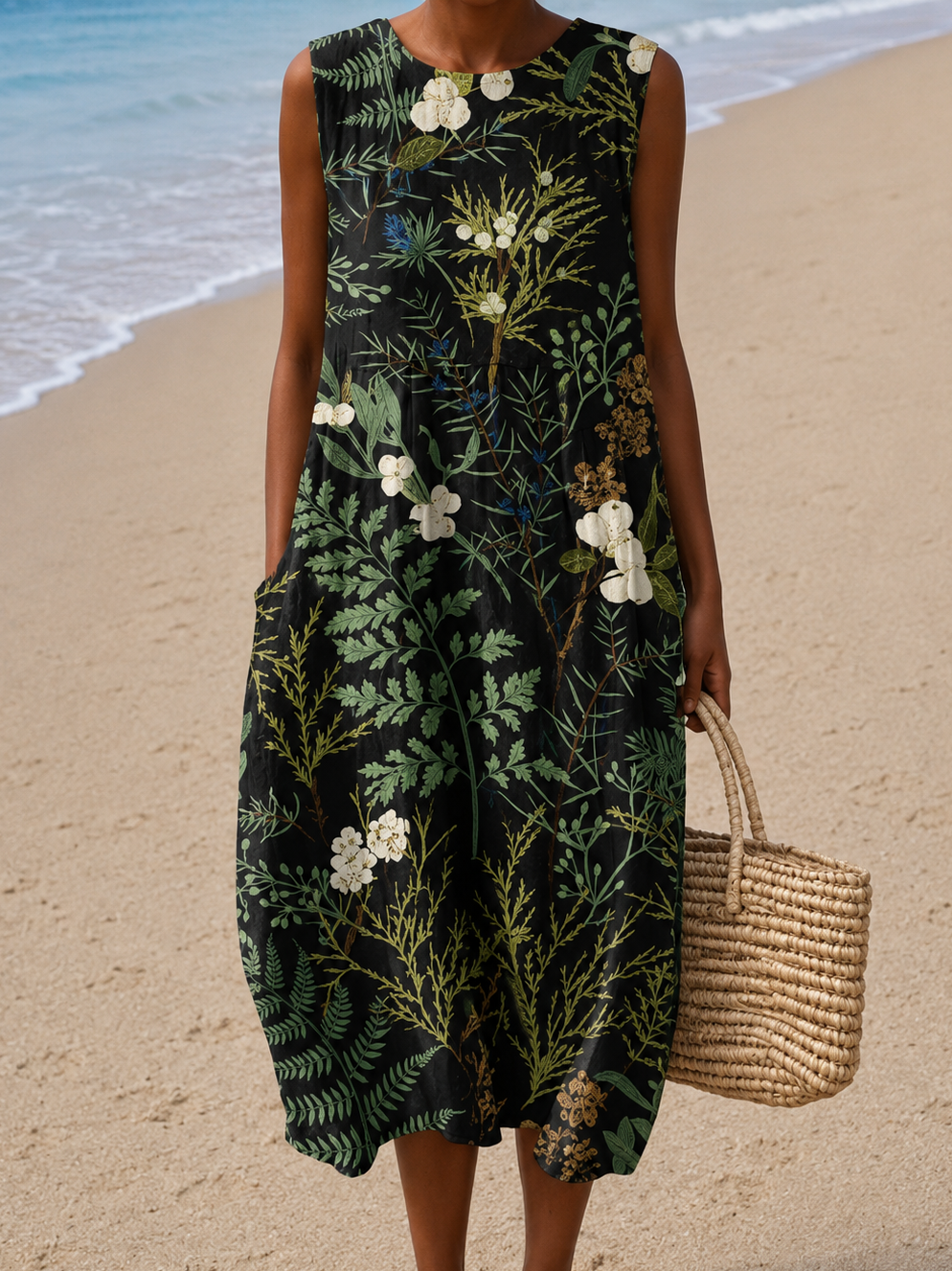 Naomi - Vestido Midi de Playa Sin Mangas para Mujer con Estampado