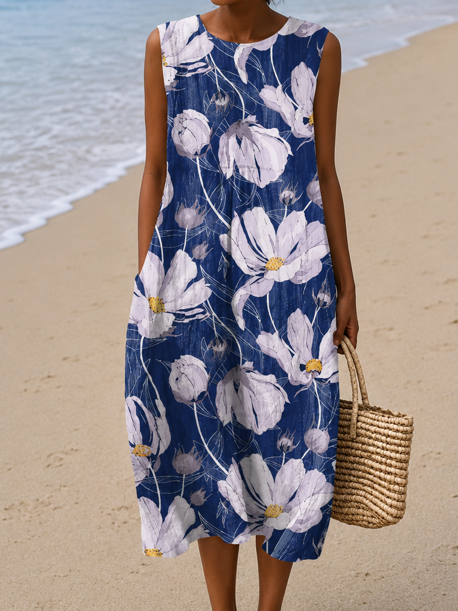 Alice - Vestido Midi de Playa Sin Mangas Impreso para Mujer