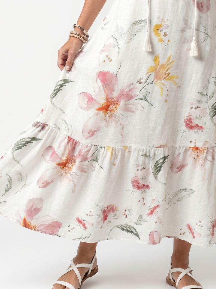 Noa | Vestido Midi de Flores Suaves con Volantes y Borlas