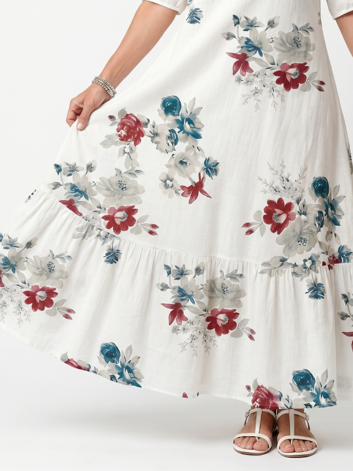 Maeva | Vestido Midi con Estampado Floral Disperso y Tiras con Borlas