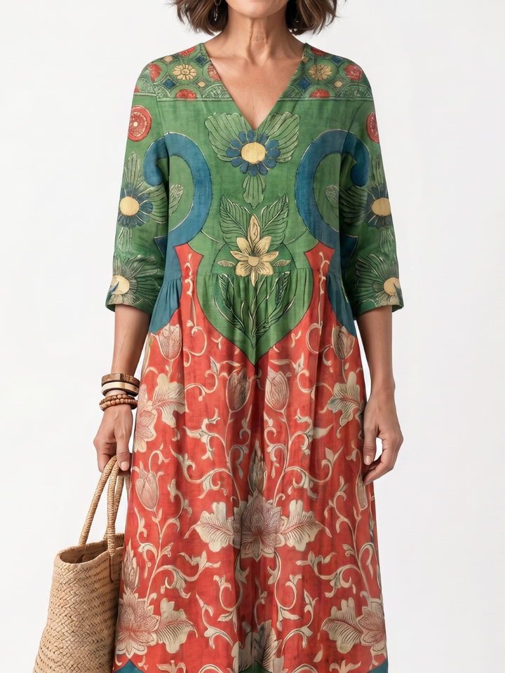 Sloane | Vestido Midi de Cuello en V con Bolsillo y Estampado Mixto