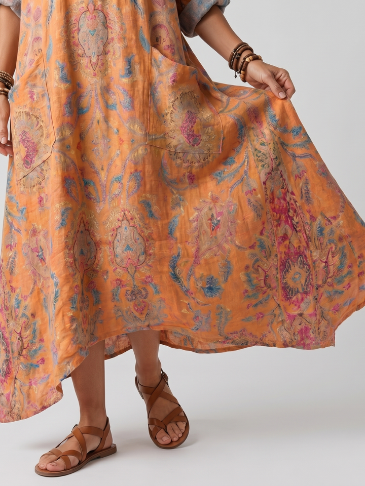 Remi | Vestido Midi Oversized con Cuello Notch y Bolsillos Impresos