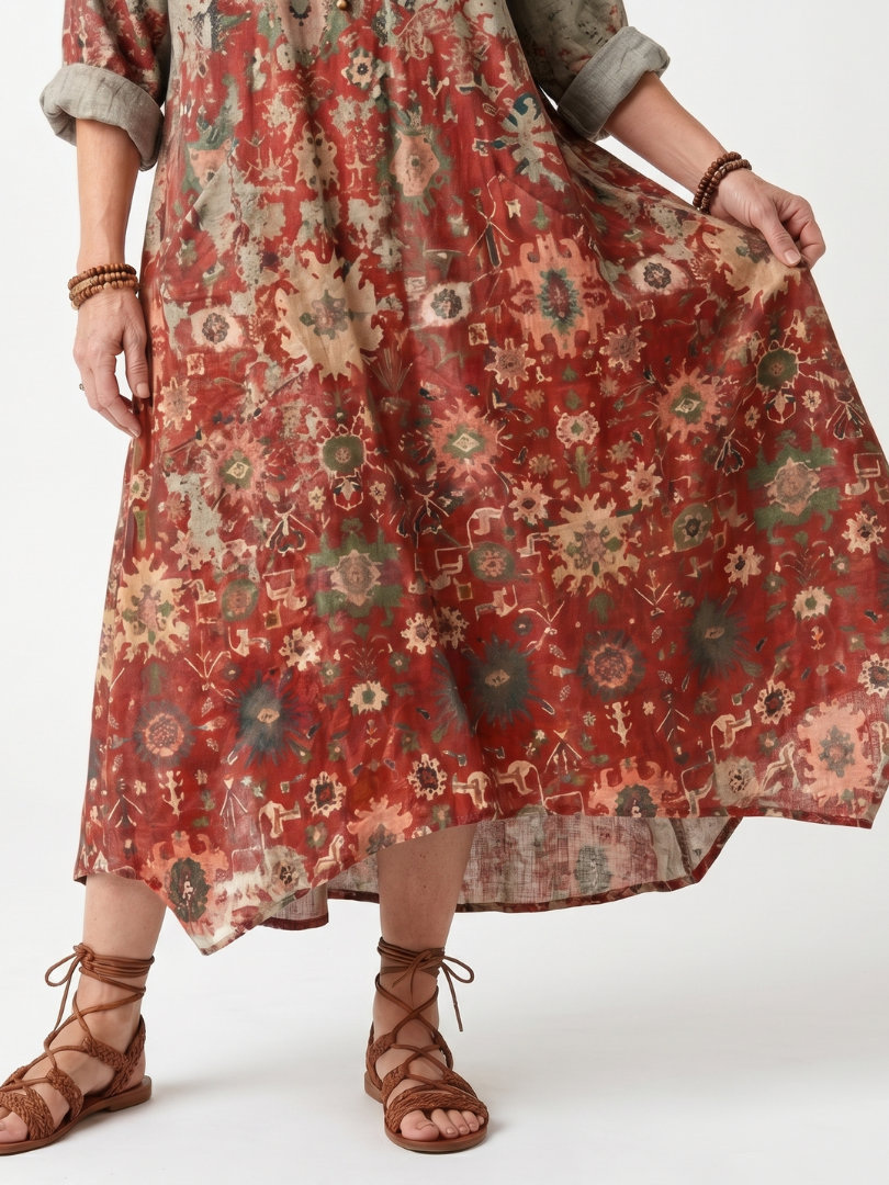 Azafrán | Vestido midi relajado con bolsillo y patrón mixto
