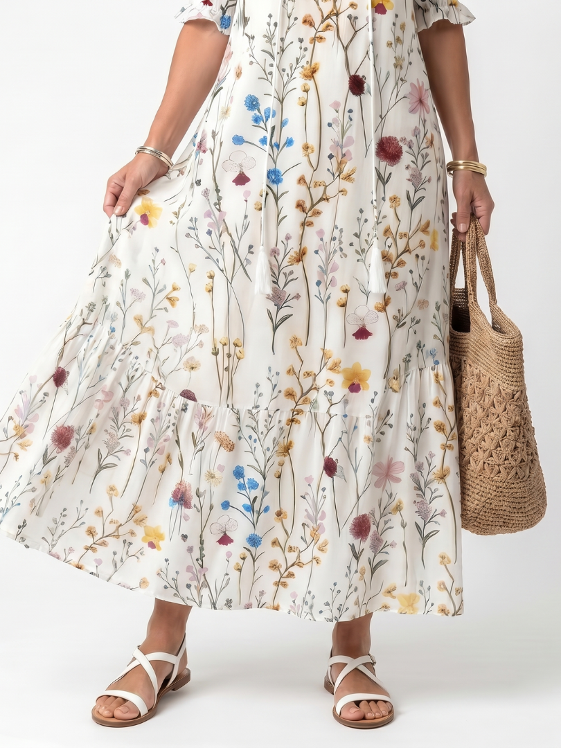 Sylvie | Vestido Midi con Estampado Botánico y Cintas de Borlas