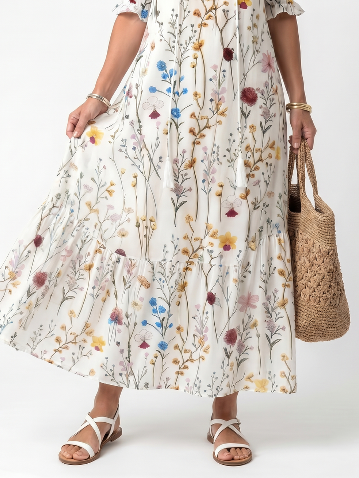 Sylvie | Vestido Midi con Estampado Botánico y Cintas de Borlas