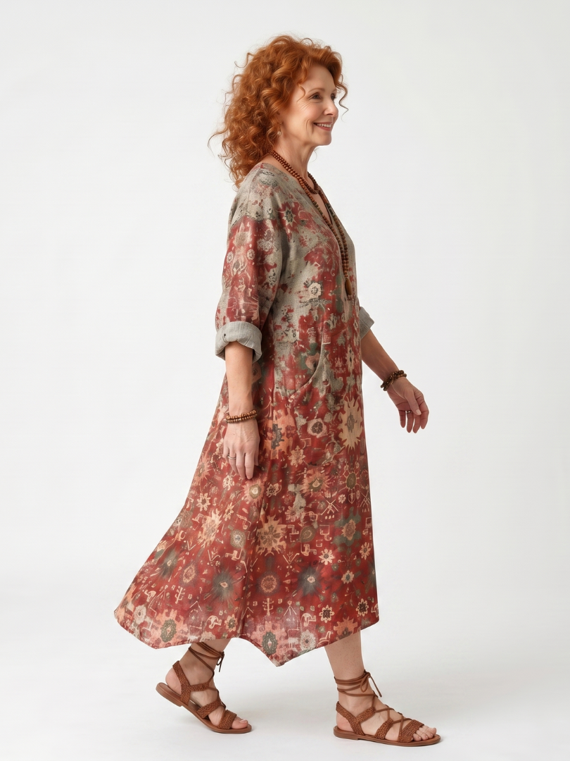 Azafrán | Vestido midi relajado con bolsillo y patrón mixto