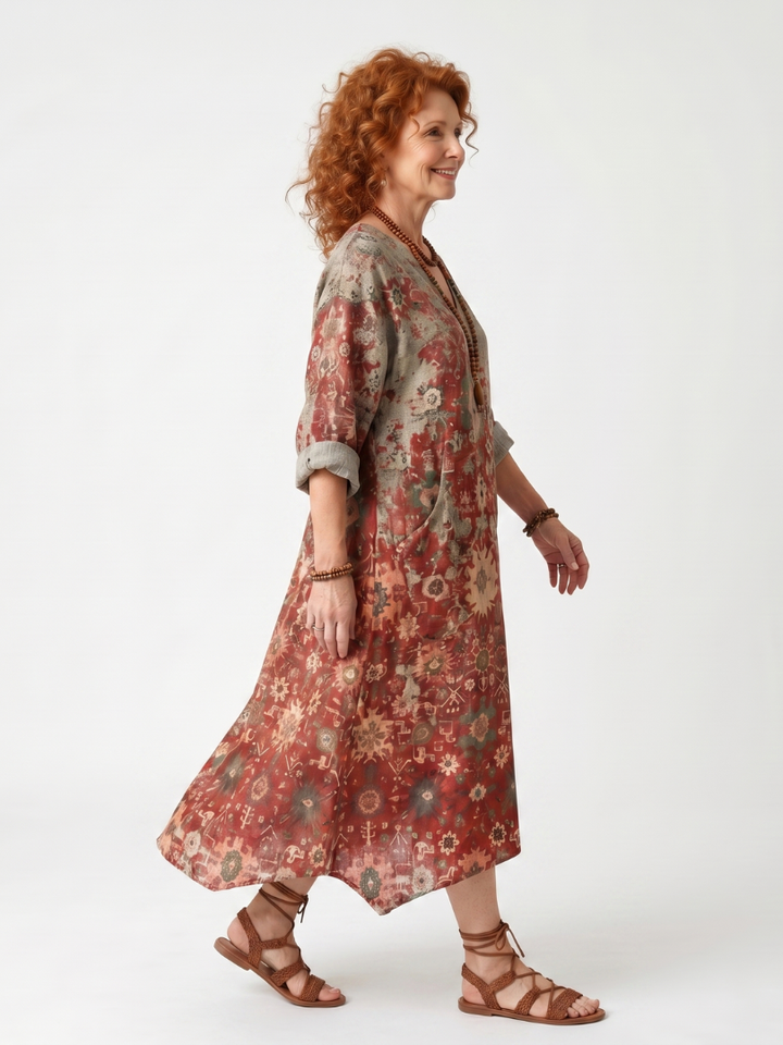 Azafrán | Vestido midi relajado con bolsillo y patrón mixto