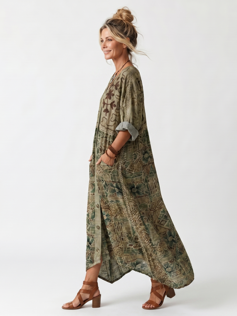 Aleta | Vestido Midi Oversized con Botones en el Frente y Bolsillos
