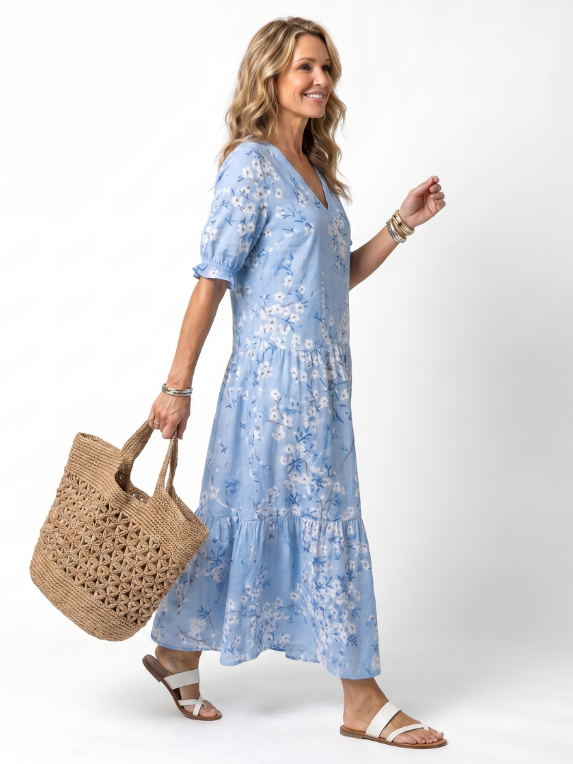 Alora | Vestido Midi con Estampado Floral y Cintas de Borlas
