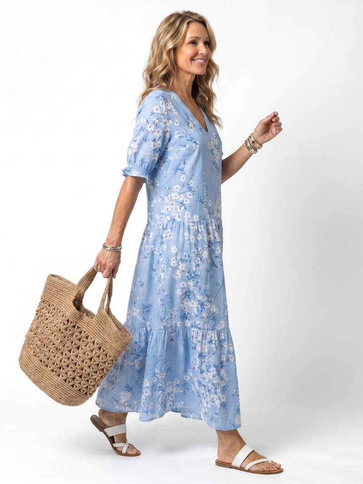 Alora | Vestido Midi con Estampado Floral y Cintas de Borlas