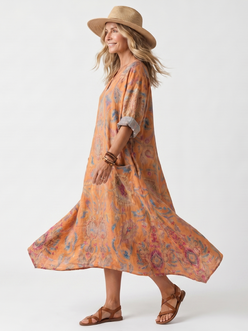 Remi | Vestido Midi Oversized con Cuello Notch y Bolsillos Impresos