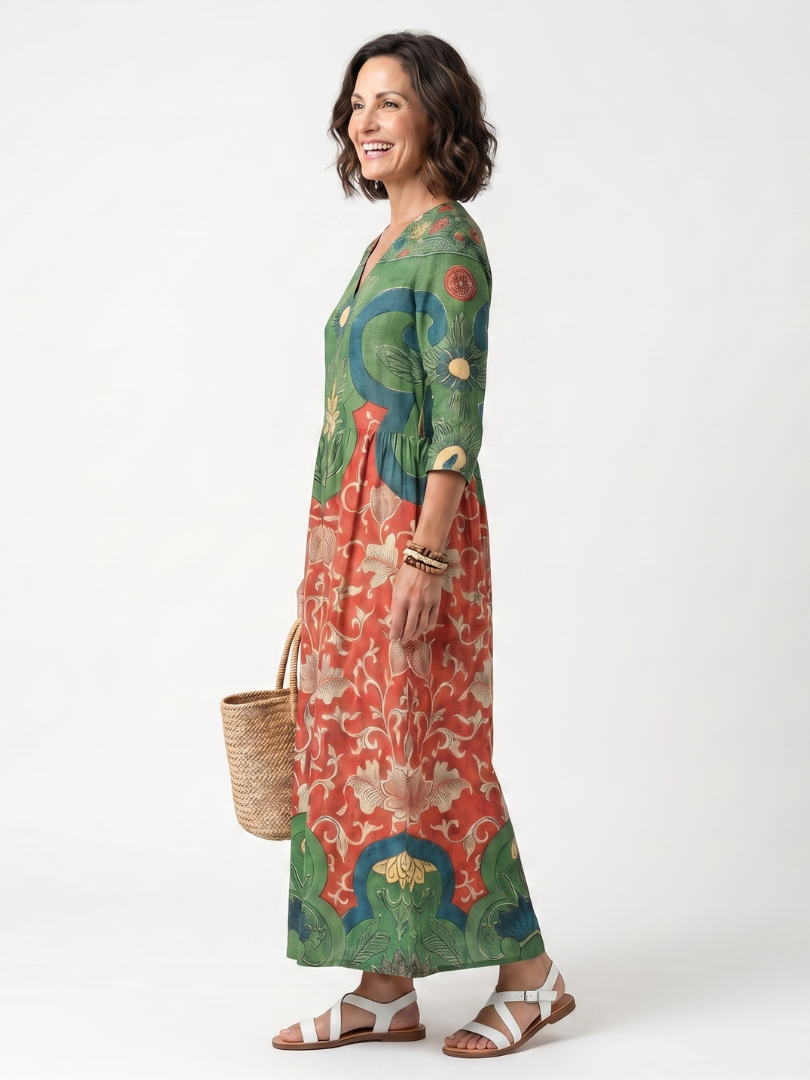 Sloane | Vestido Midi de Cuello en V con Bolsillo y Estampado Mixto