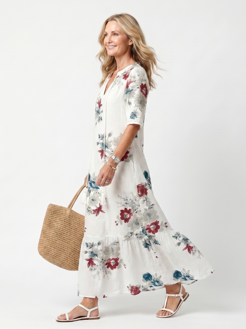 Maeva | Vestido Midi con Estampado Floral Disperso y Tiras con Borlas
