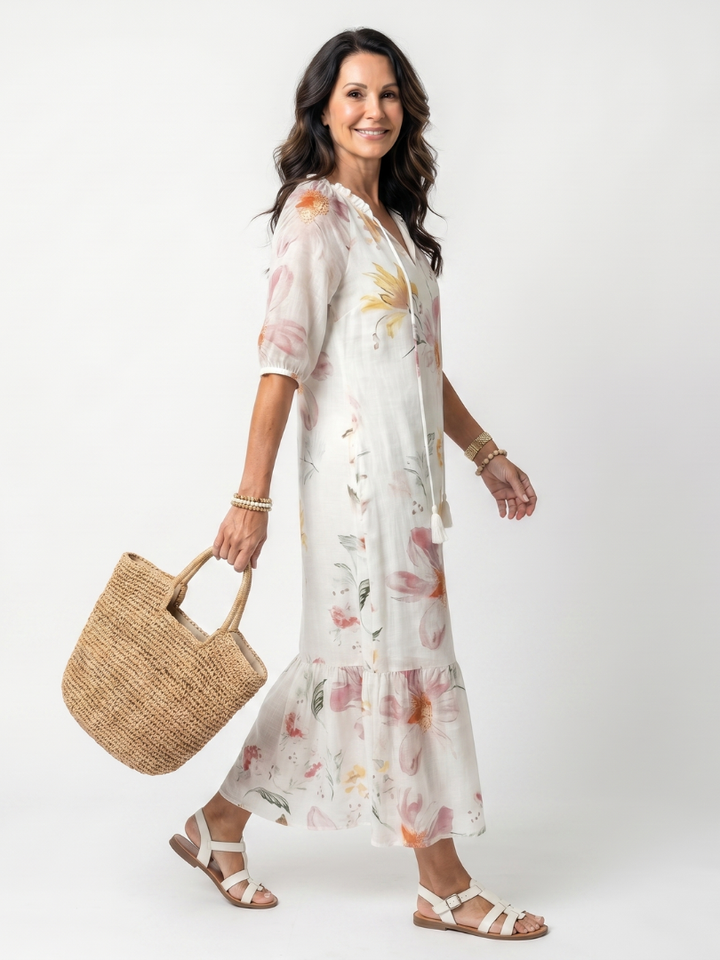Noa | Vestido Midi de Flores Suaves con Volantes y Borlas