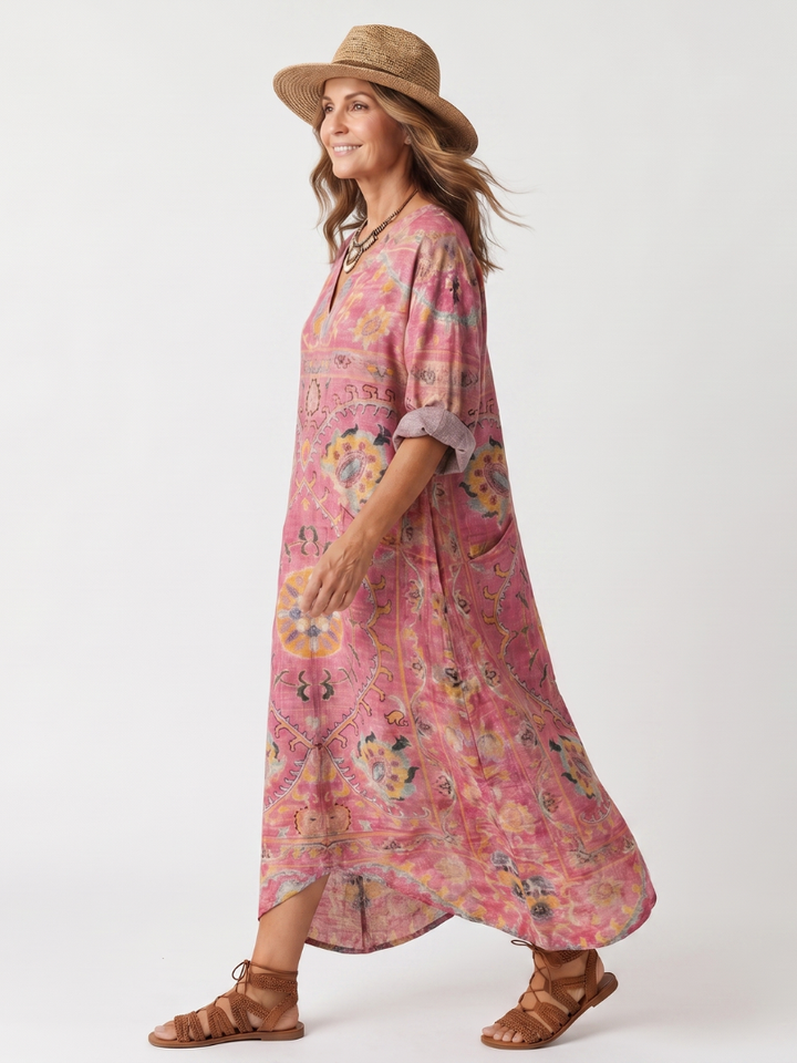 Tilda | Vestido Midi Relajado con Bolsillos y Estampado Abstracto
