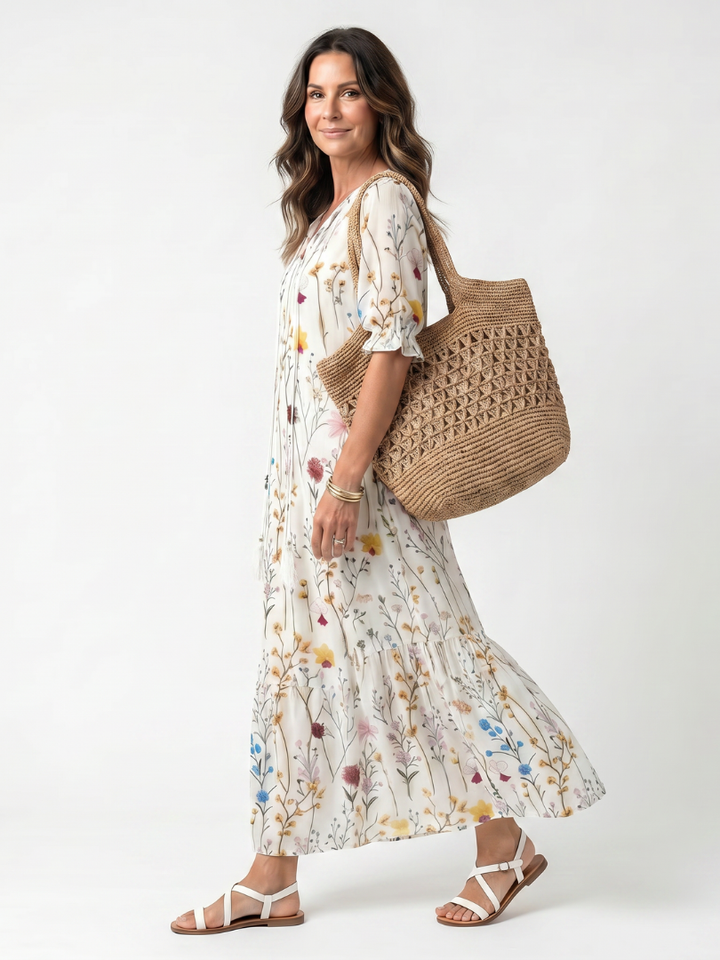 Sylvie | Vestido Midi con Estampado Botánico y Cintas de Borlas