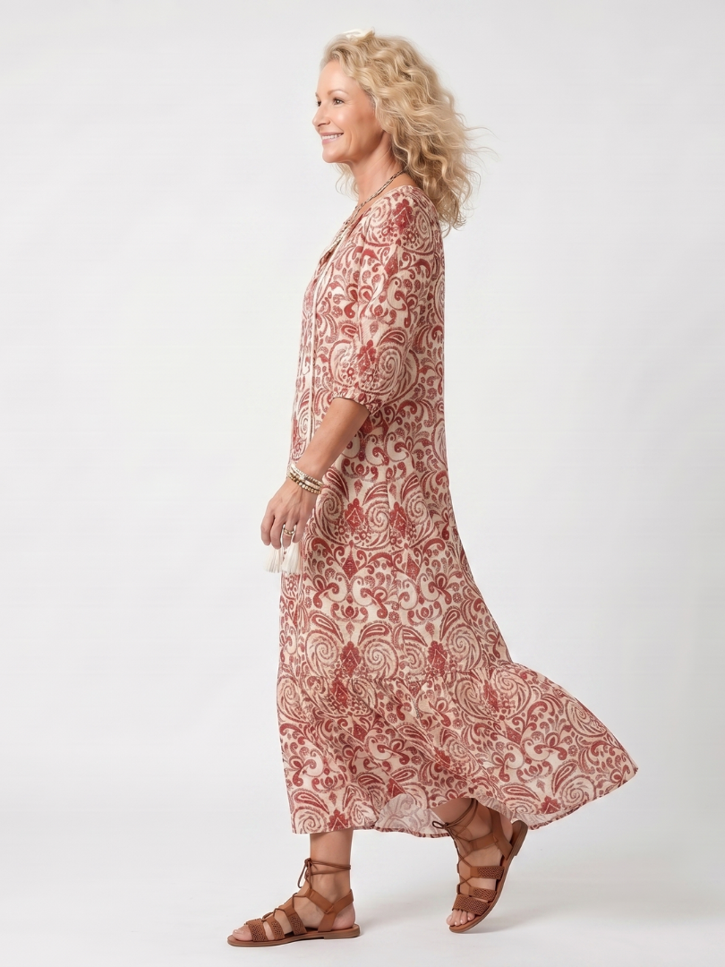 Noelle | Vestido Midi con Estampado Ornamental y Laços de Borlas