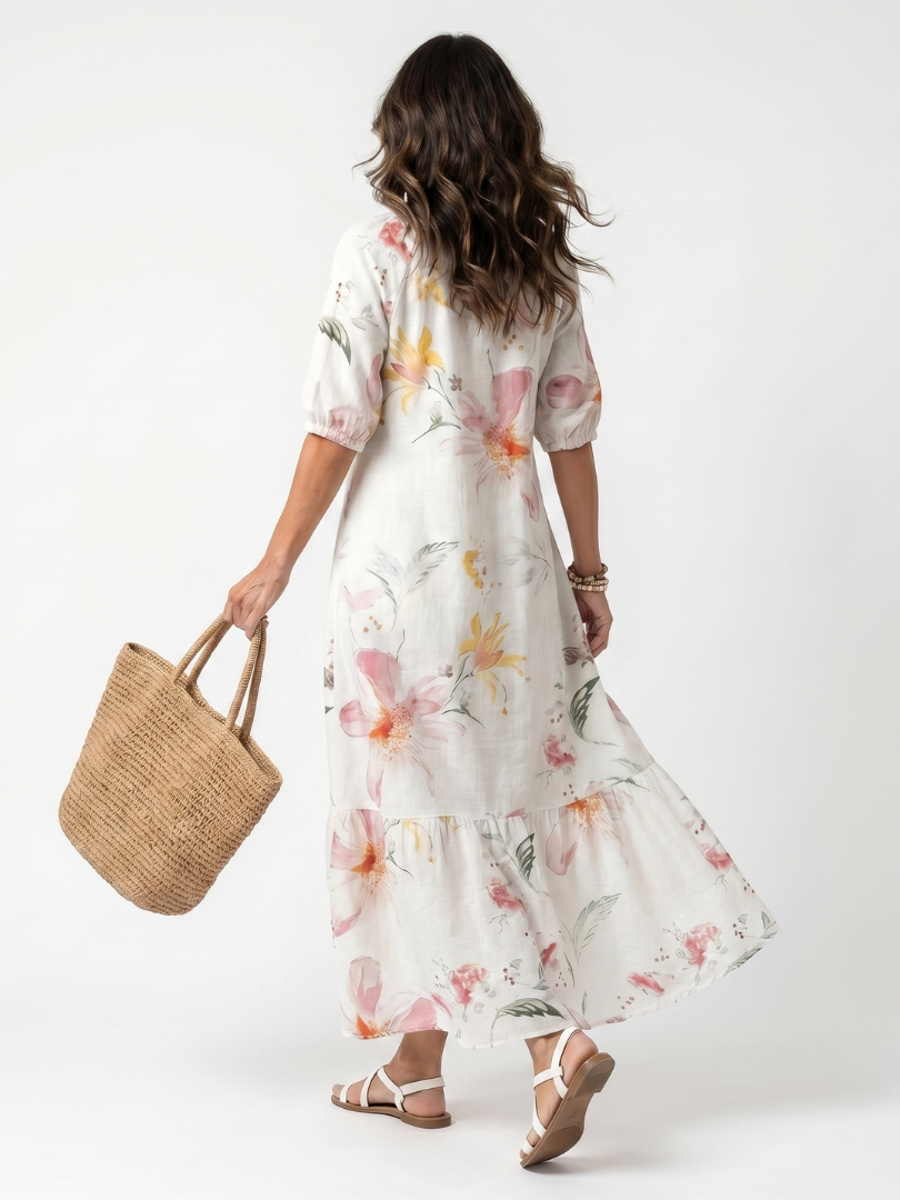 Noa | Vestido Midi de Flores Suaves con Volantes y Borlas