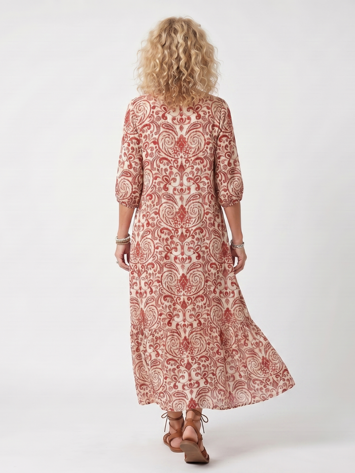 Noelle | Vestido Midi con Estampado Ornamental y Laços de Borlas
