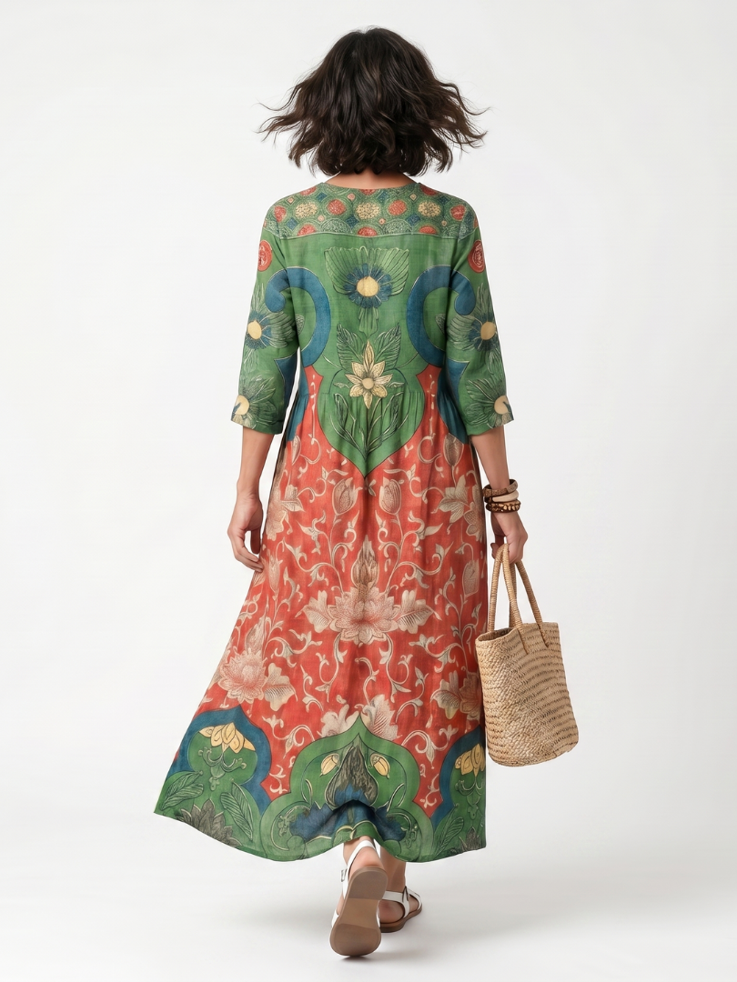 Sloane | Vestido Midi de Cuello en V con Bolsillo y Estampado Mixto