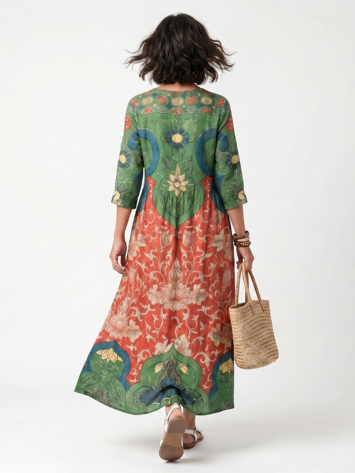 Sloane | Vestido Midi de Cuello en V con Bolsillo y Estampado Mixto