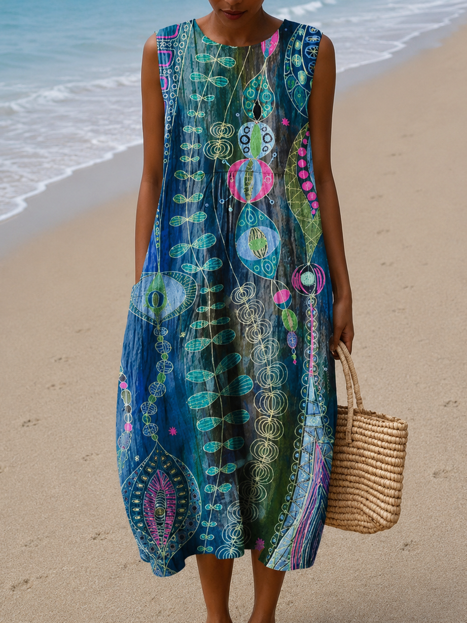 Anna - Vestido Midi de Playa Sin Mangas para Mujer con Estampado