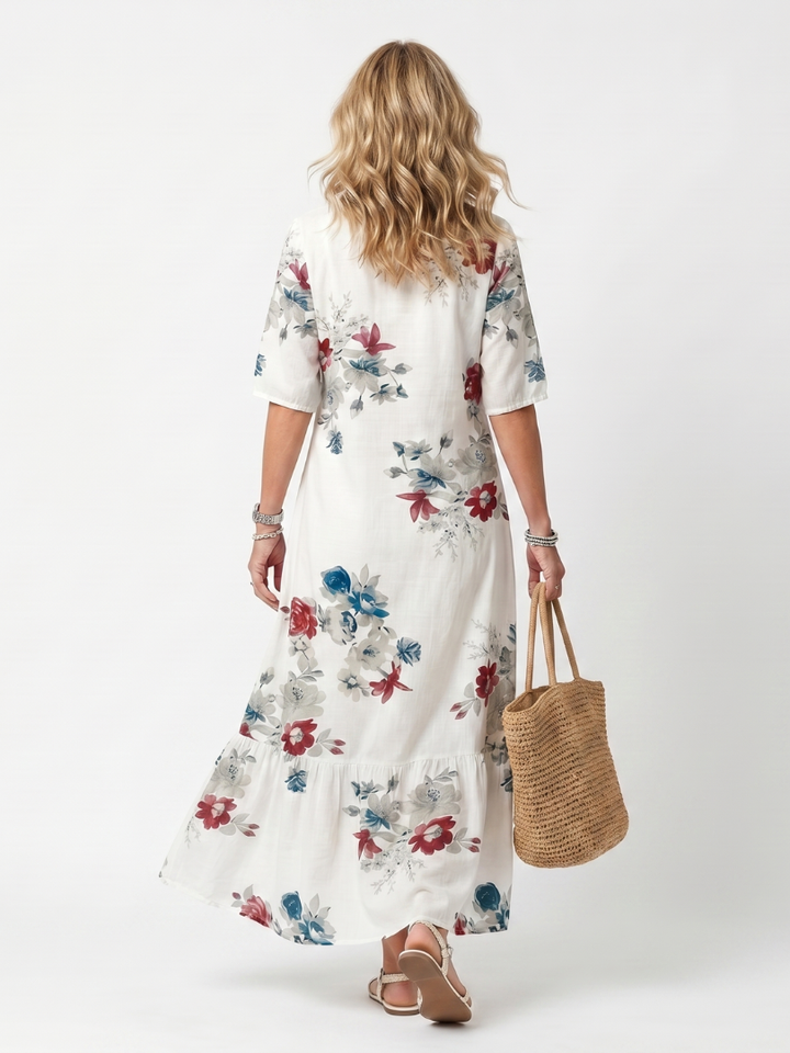 Maeva | Vestido Midi con Estampado Floral Disperso y Tiras con Borlas