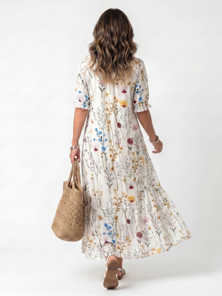 Sylvie | Vestido Midi con Estampado Botánico y Cintas de Borlas