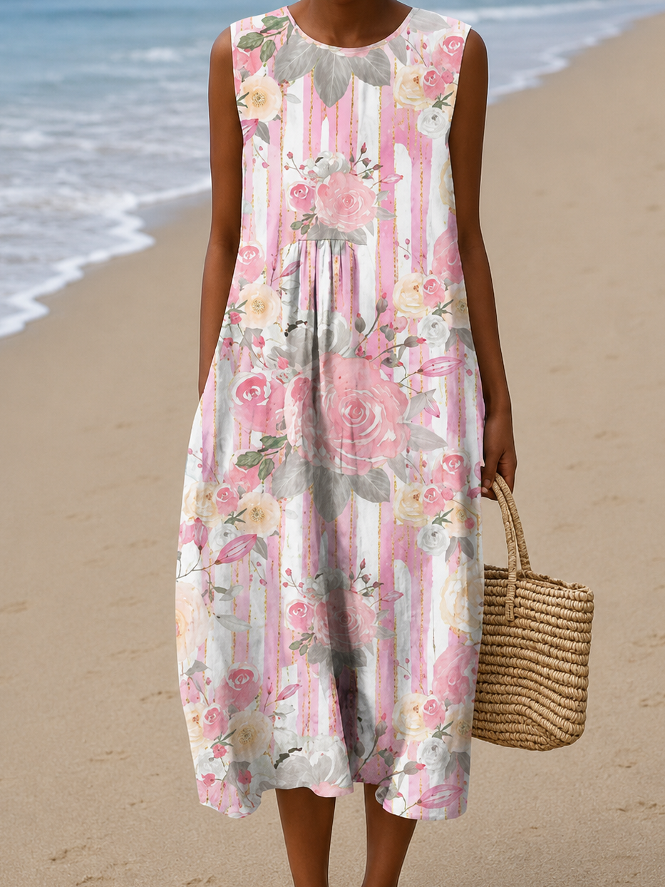 Aria - Vestido Midi de Playa Sin Mangas Impreso para Mujeres