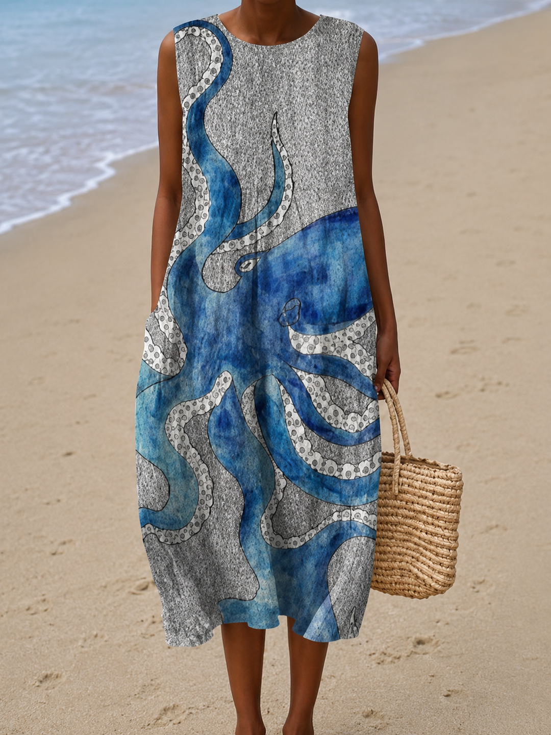 Caroline - Vestido Midi de Playa Sin Mangas para Mujer con Estampado Suelto