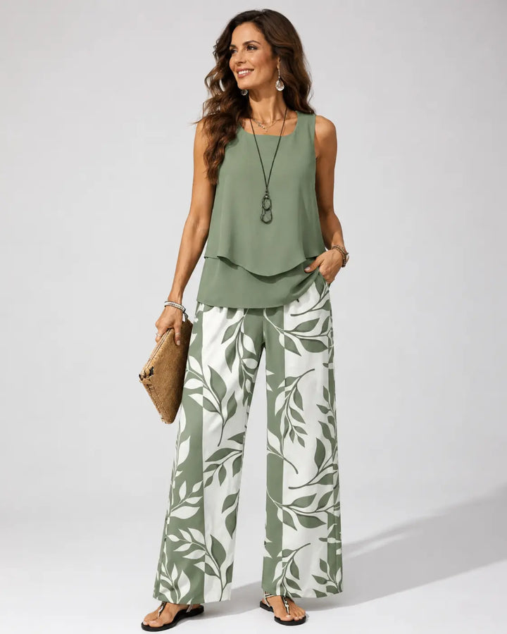 Petronila™ | Conjunto Verde Salvia Blusa y Pantalón Botánico