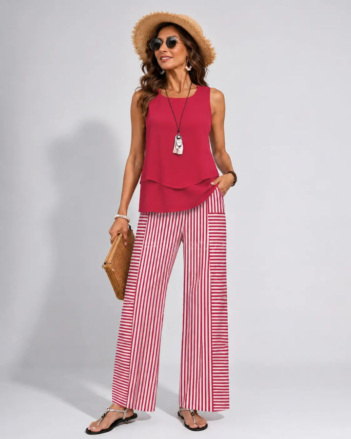 Ramona™ | Conjunto Rosa Top Liso y Pantalón Rayas