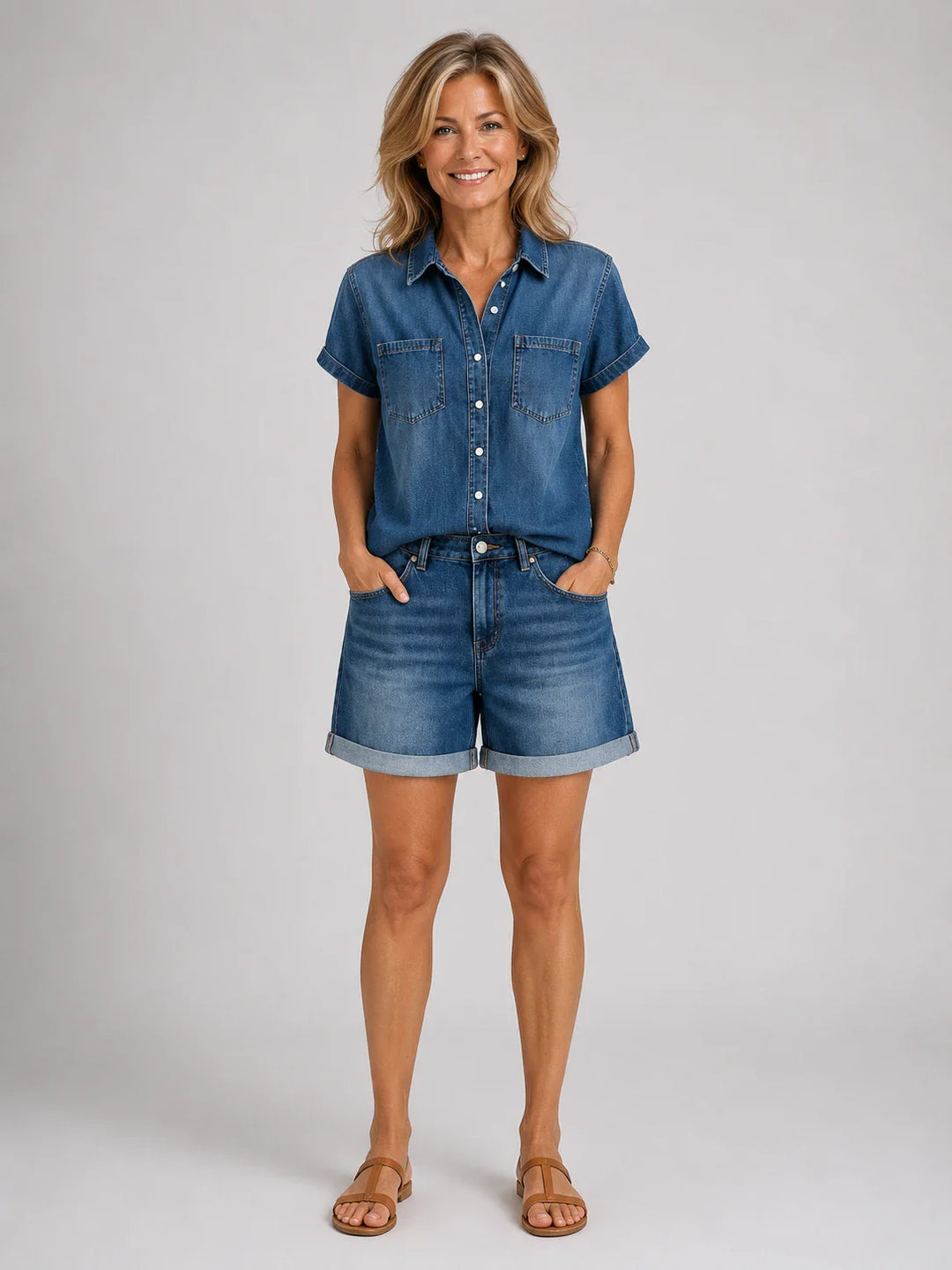 Purificación™ | Conjunto vaquero camisa y short de manga corta