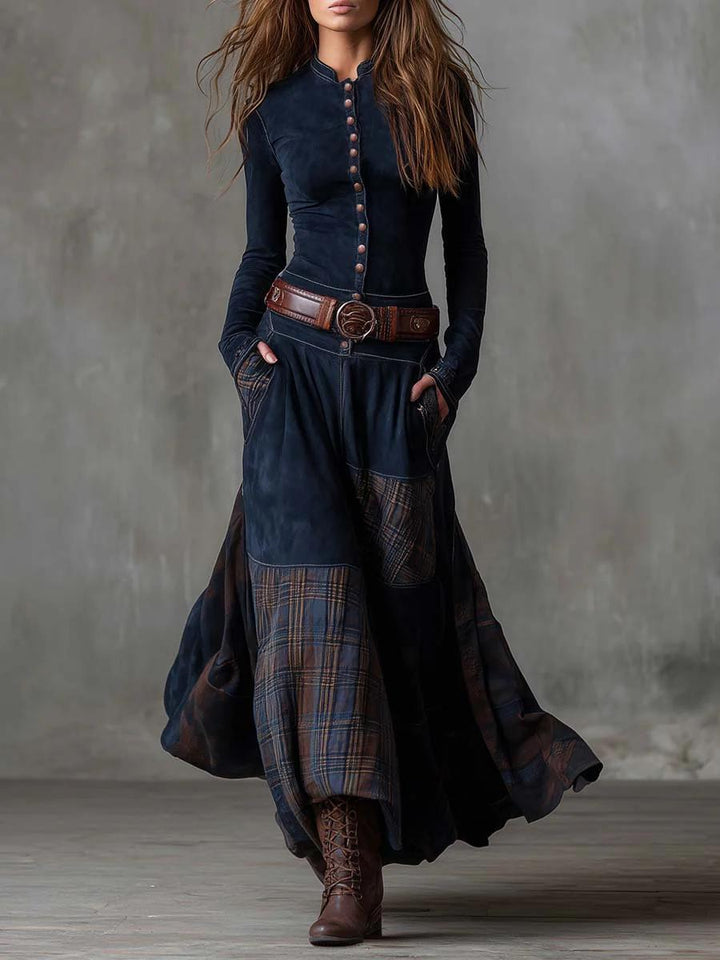 Leonora | Vestido Largo Vintage en Ante Azul Marino (Incluye Cinturón)