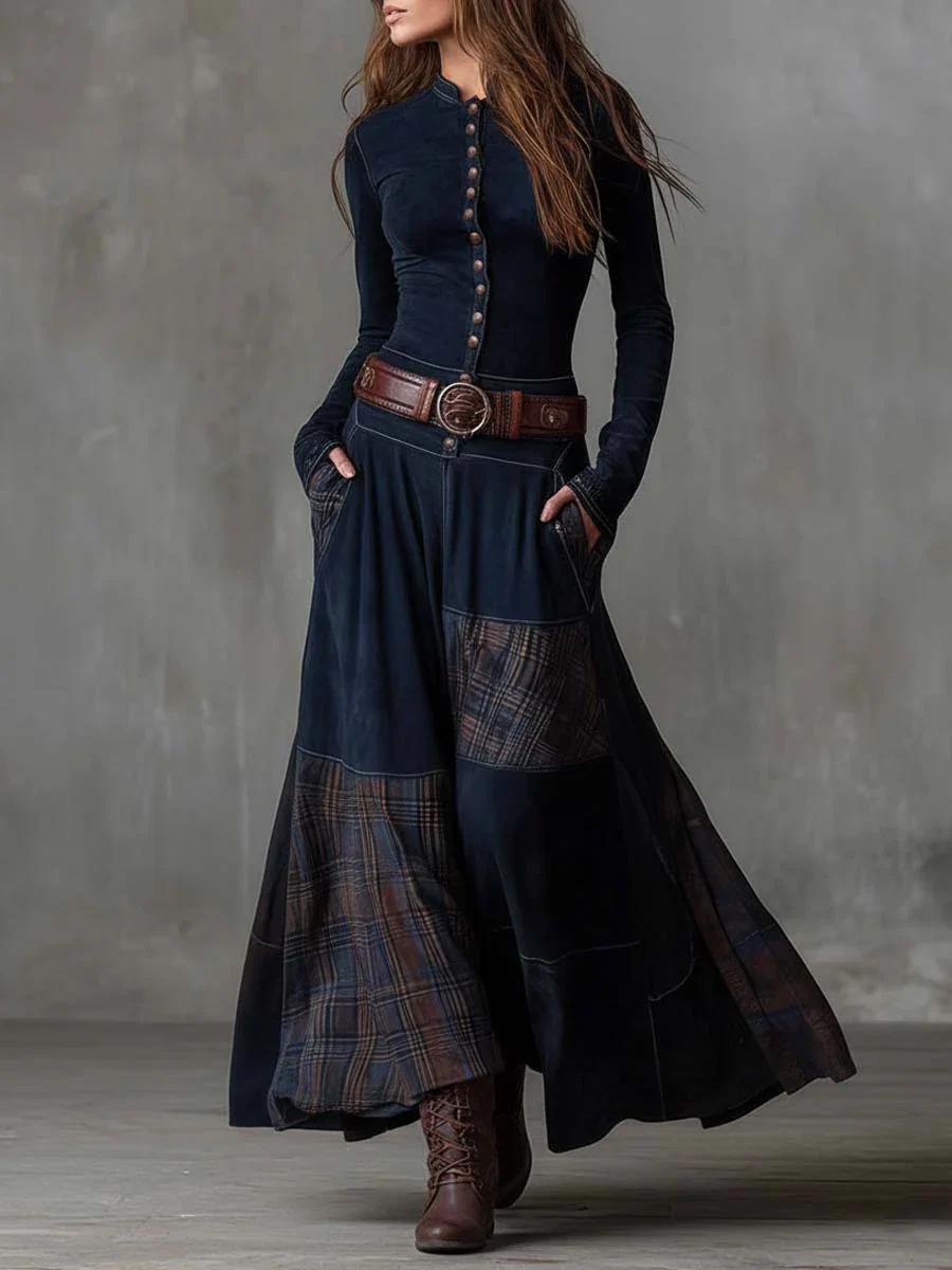 Leonora | Vestido Largo Vintage en Ante Azul Marino (Incluye Cinturón)